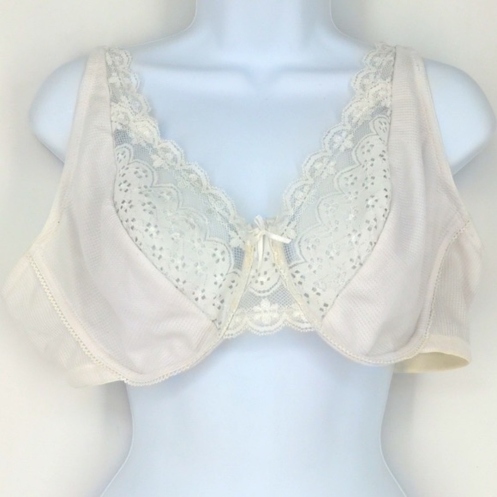 Sexy Sheer Shiny Bow Floral Lace White Strap Hook Cup Bra 44C Unlined Unpadded